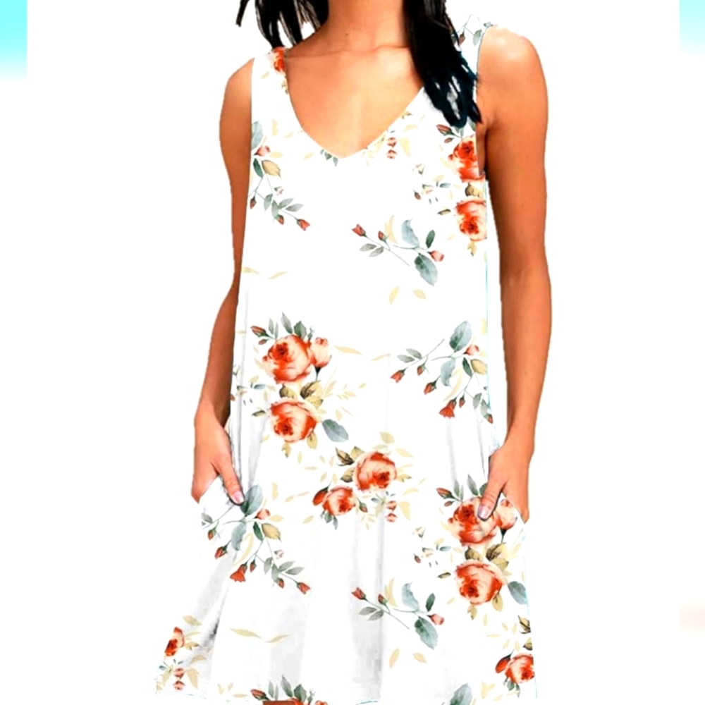 White Floral Sundress Medium cover-up pockets swing dress skater dress